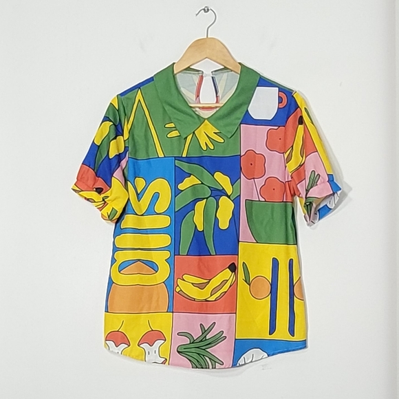 Pop Art Multicolored Abstract Prints Short Sleeve Lightweight Blouse Size Small - Picture 5 of 14